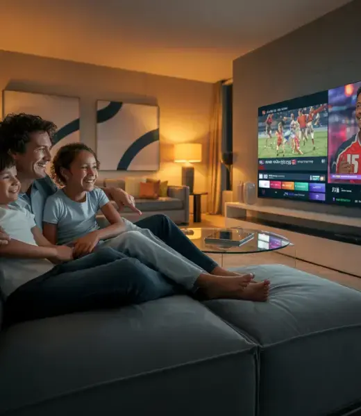 A family streaming live sport on a smart TV with Boss IPTV