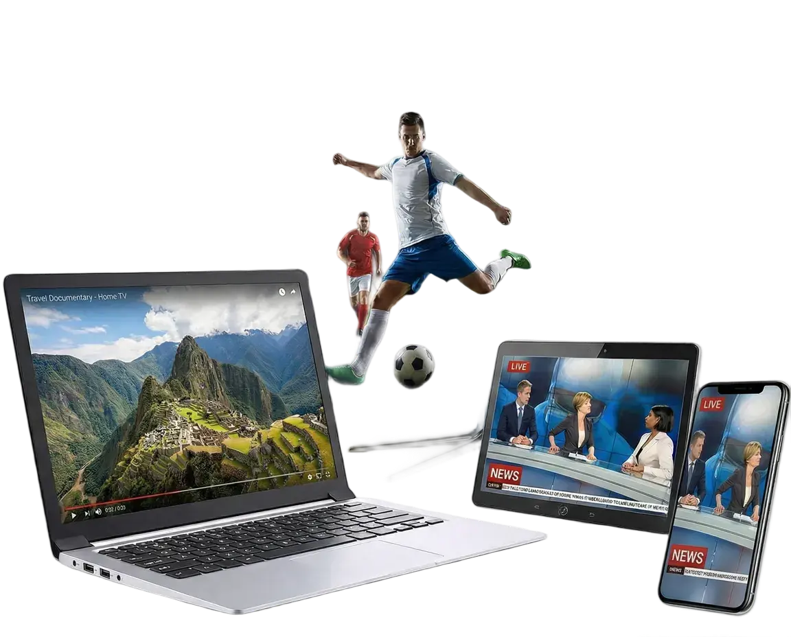 Boss IPTV running on a laptop, tablet and phone at the same time