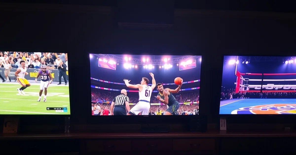 A dim sports bar at night with three large wall-mounted TVs glowing side by side: the left screen shows a live American football play mid-snap, the center screen shows an NBA fast break under bright arena lights, and the right screen shows a boxing match under a single spotlight — a smartphone displaying a streaming app and a TV remote rest on a dark wooden counter in the foreground, warm amber bar lighting reflecting softly off each screen.