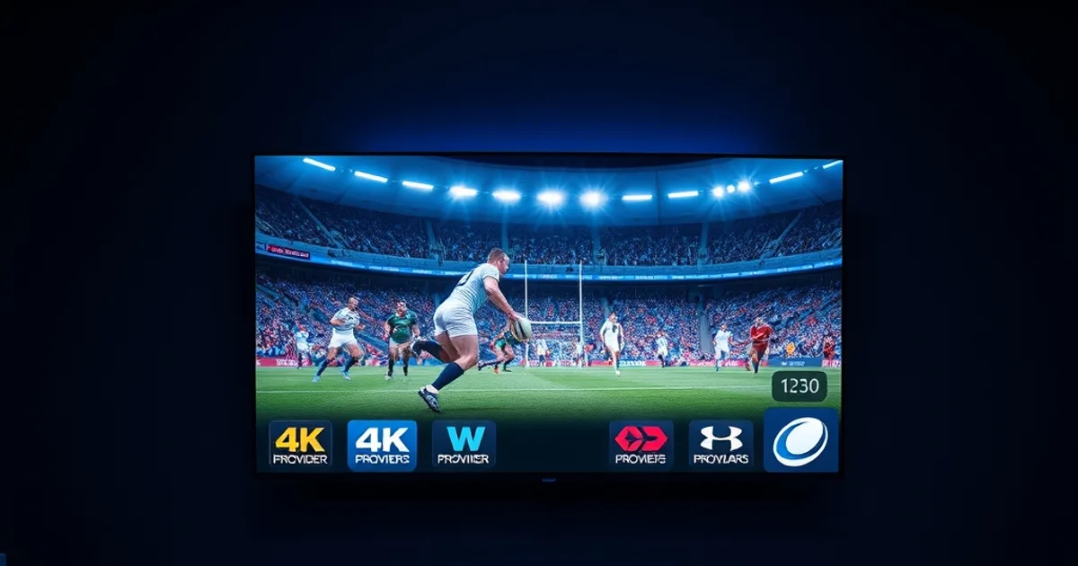 A dark home-cinema setup at night with a large wall-mounted TV displaying a crisp 4K live rugby match, six small provider logo tiles glowing faintly along the bottom edge of the screen like a scoreboard, a smart-TV remote and a smartphone resting on a wooden side table in the foreground, soft blue screen-light reflecting across the room.