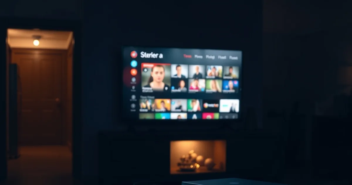 A dark family living room at night with a glowing TV in the foreground and a tablet and phone glowing on separate screens in the background, representing one account streaming across multiple rooms.