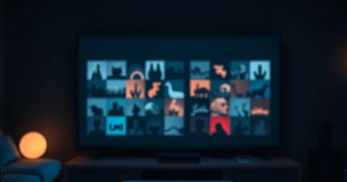 Dark home theater setup with a TV glowing with abstract streaming app tiles and remote controls on a side table