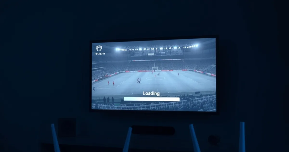 A dark living room at night with a wall-mounted TV showing a buffering live football stream, router lights glowing in the foreground