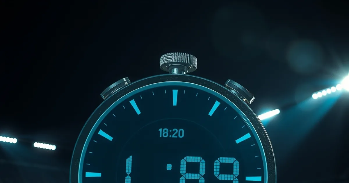 A floodlit football pitch at night seen through a glowing translucent stopwatch overlay with dissolving digital timecodes, symbolizing streaming delay during a live match