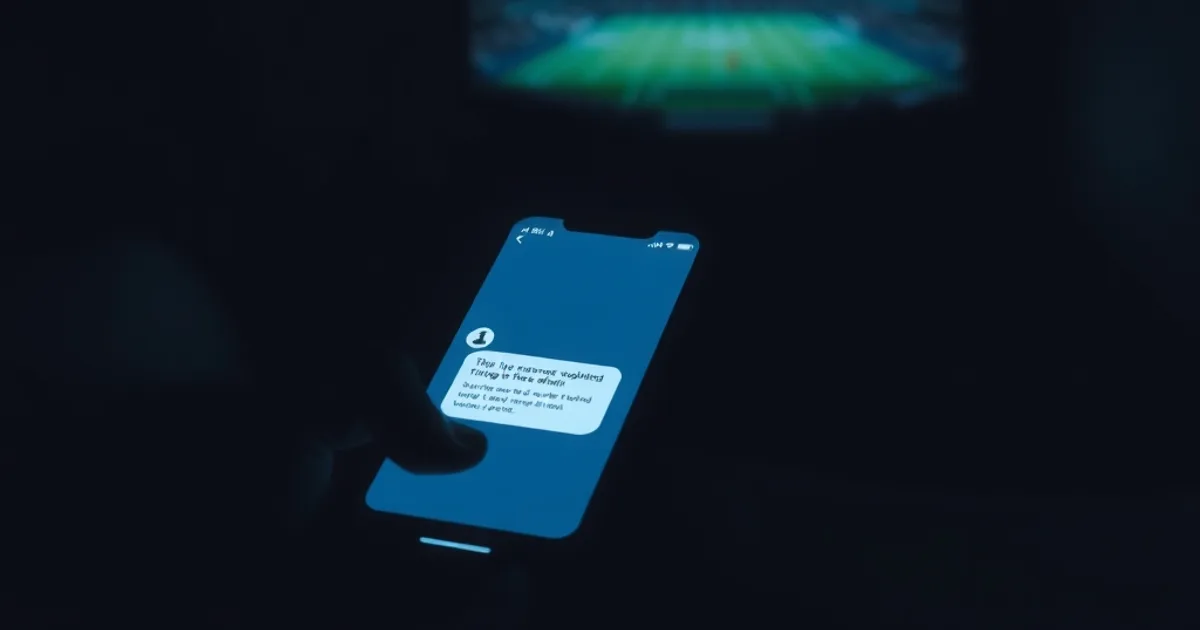 A smartphone glowing with a support chat conversation in a dark room, with a blurred football broadcast on a TV screen in the background