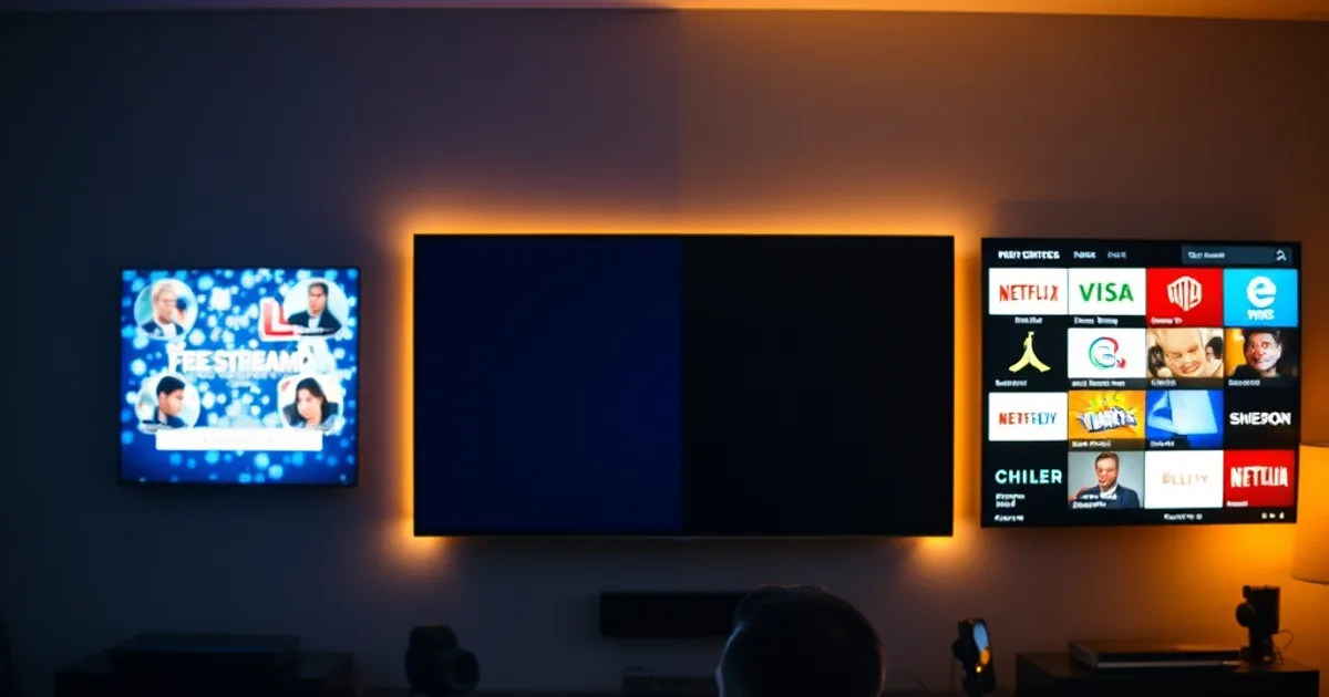 A late-night living room lit only by a wall-mounted TV split into two halves: the left side frozen on a pixelated, buffering free-stream icon under a cold blue glow, the right side showing a crisp, stable live channel grid in warm gold light, with a viewer leaning forward on the couch, remote in hand, caught between the two.