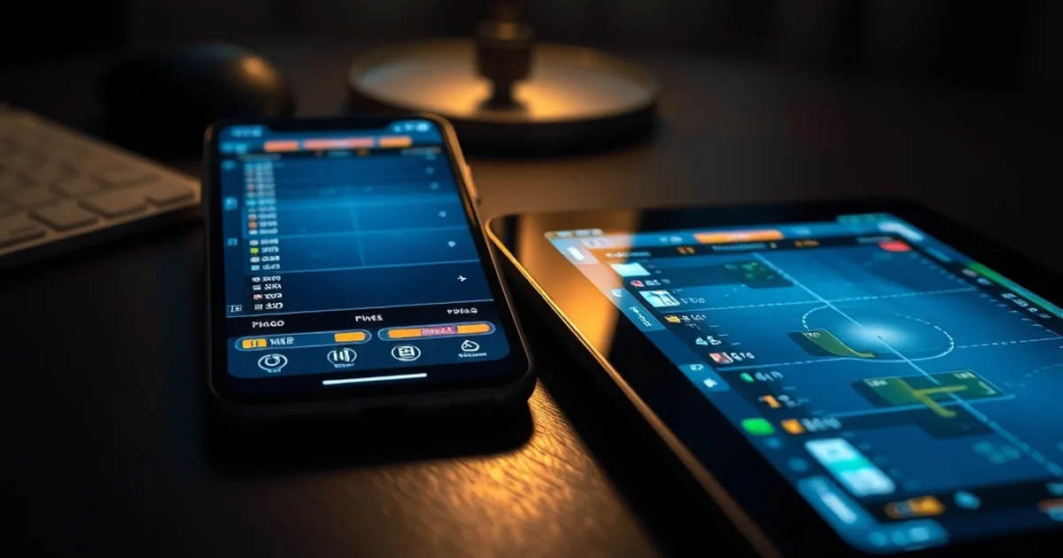 An iPhone and iPad on a dark desk at night, both screens glowing with a live TV guide interface
