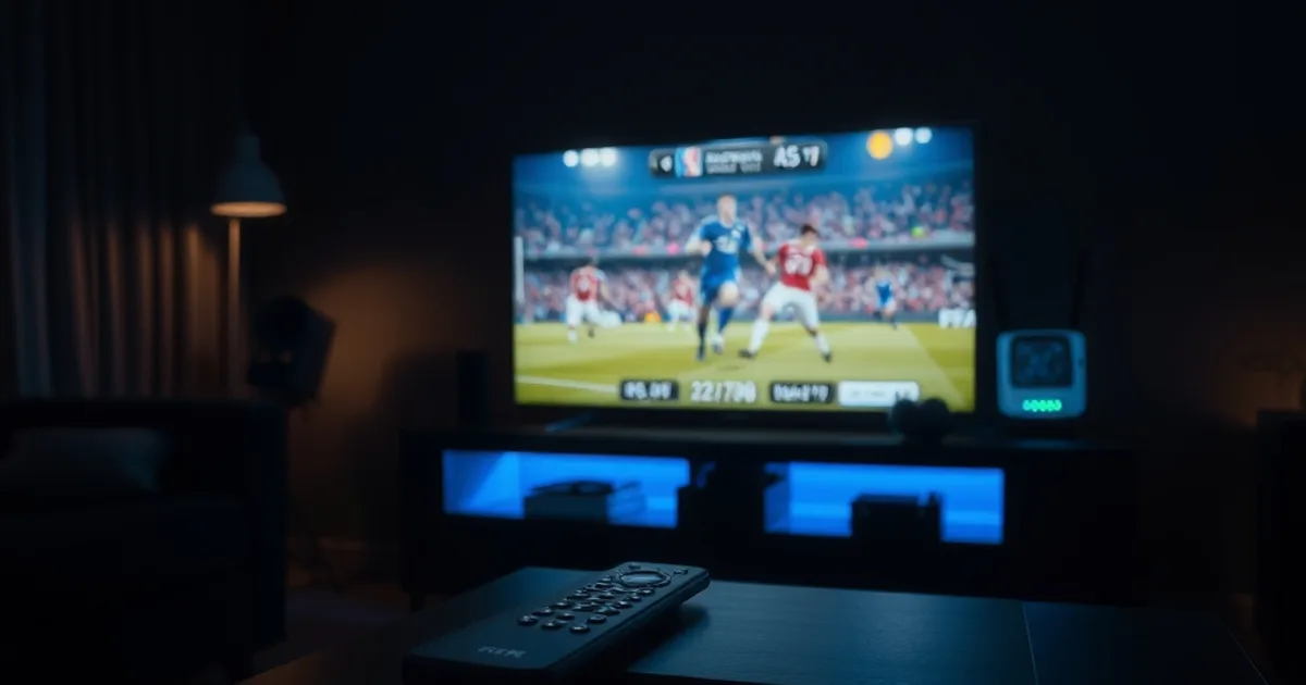 Dark living room at night with a TV glowing from a live football match and a router blinking nearby, remote control on the table
