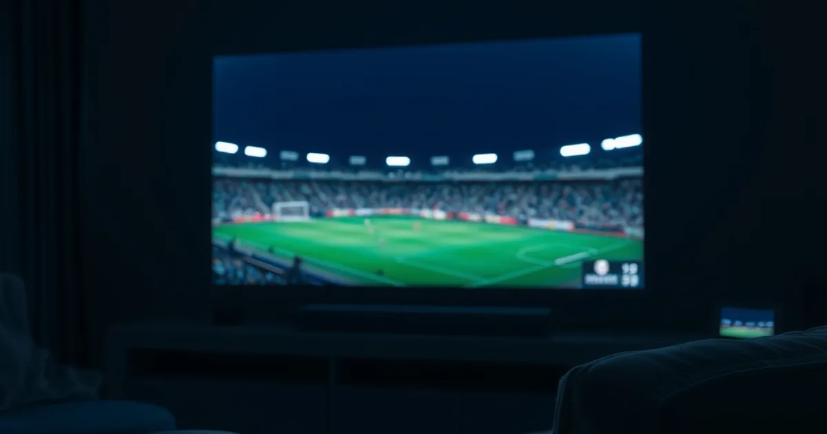 Dark, cinematic living room at night lit by a large screen glowing with stadium floodlights from a live match, a remote control resting in the foreground and a second device streaming a different sport in the background.