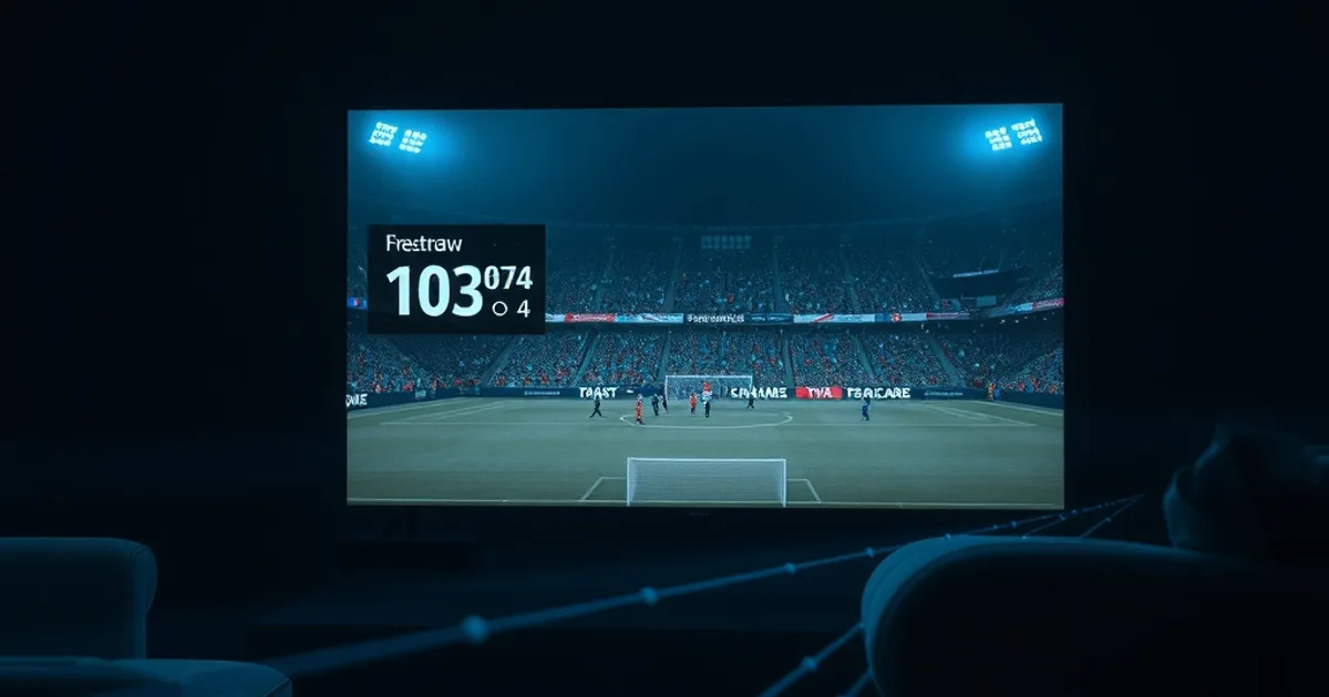 A dark living room at night with a TV showing a live football match, glowing light trails suggesting fast data signal flowing toward the screen