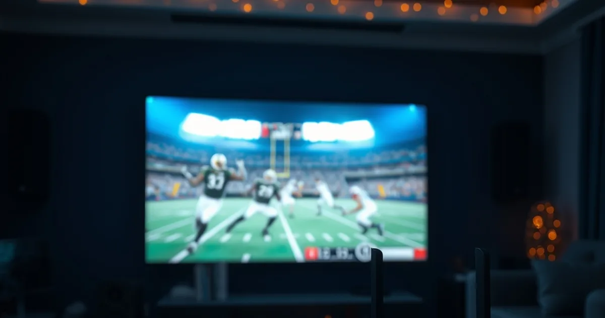 A dark home theater at night with a wall-mounted screen showing a live football broadcast, a stopwatch and router with glowing lights on a table in the foreground