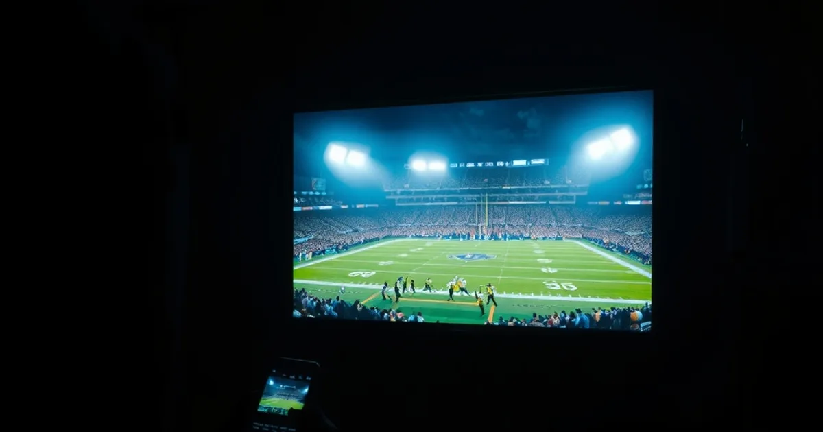 Dark living room lit by a TV showing a night football stadium, with a second game glowing on a nearby phone screen