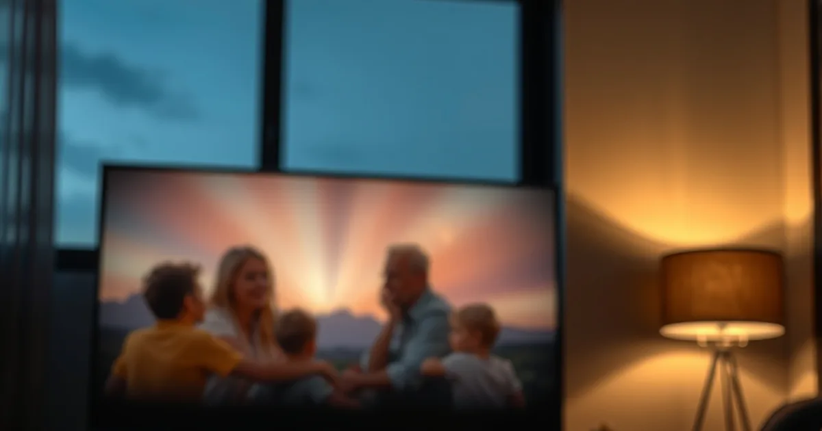 A dimly lit living room with a TV glowing in the background and a tablet showing a soft lock icon, evoking a secure family IPTV setup