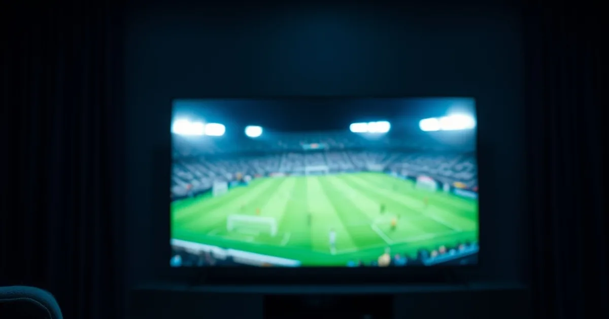 Dark living room at night lit by the glow of a television showing a blurred live football broadcast, with a streaming device and remote control visible in the foreground