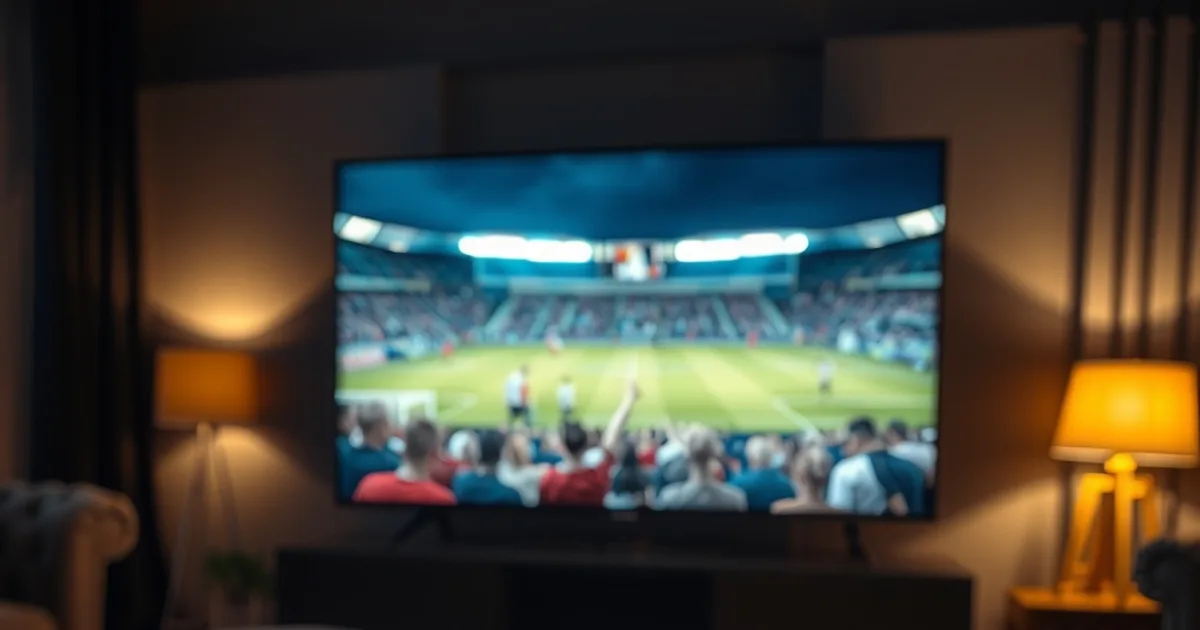 A dark living room lit by a television showing a live soccer match, with a calculator and stack of bills on the coffee table in the foreground