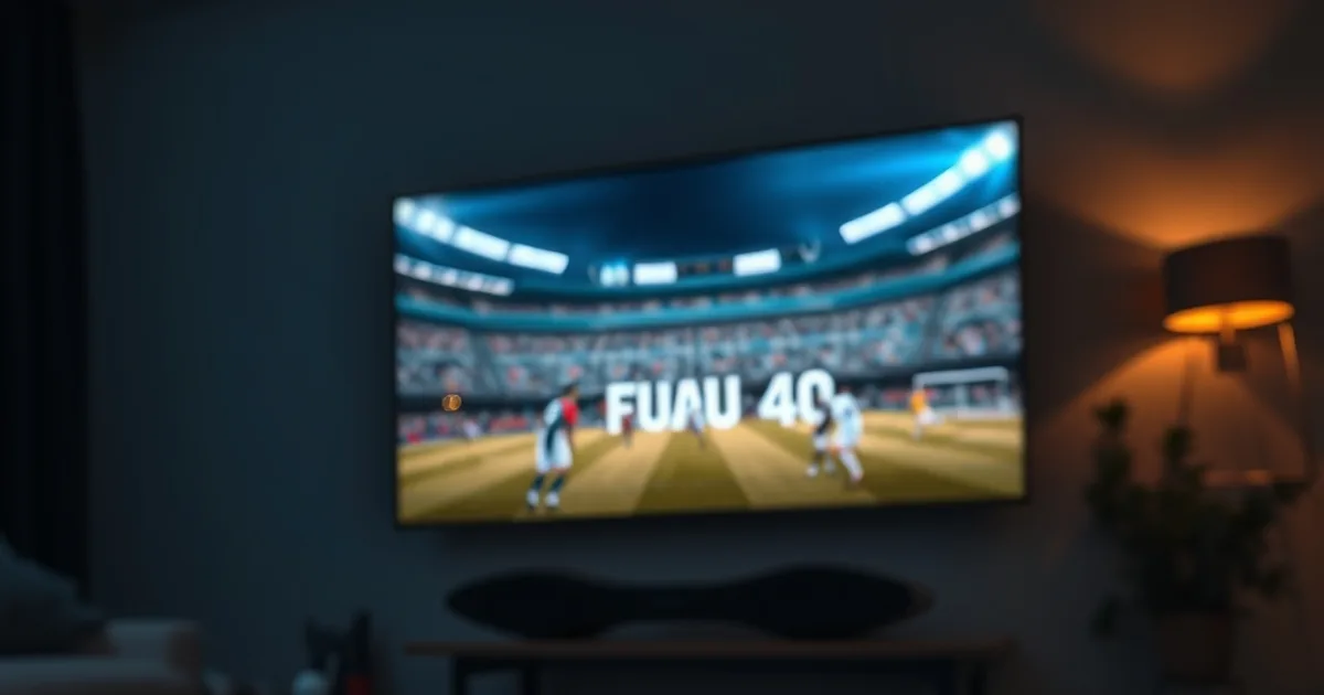 Dark living room at night with a wall-mounted TV showing a live football match, a phone and remote on a table in the foreground