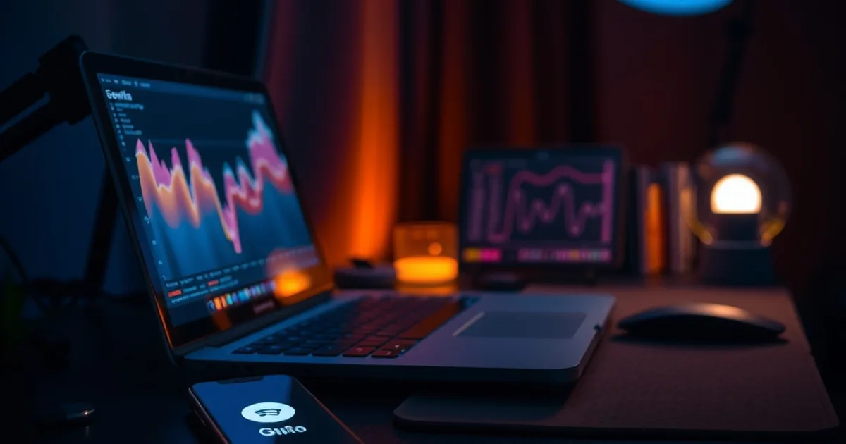 A laptop showing abstract growth charts glowing in a dark home office at night, evoking a reseller business dashboard
