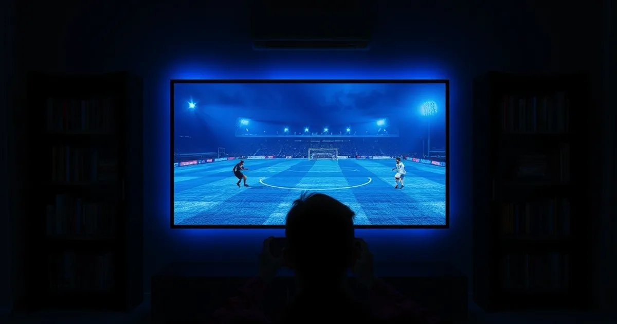 Dark living room lit by a TV screen showing a frozen live match with a loading icon, capturing the tension between sports excitement and streaming frustration