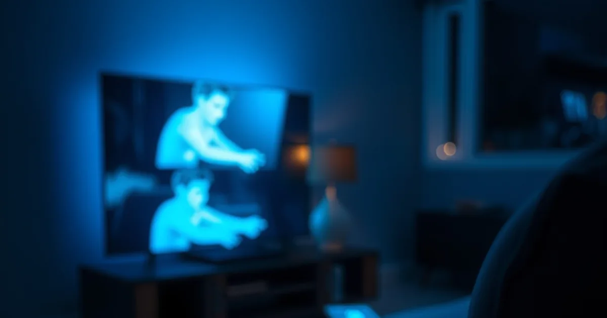 A Roku remote on a couch armrest with a TV glowing in a dim living room, suggesting a phone mirroring its screen to the television