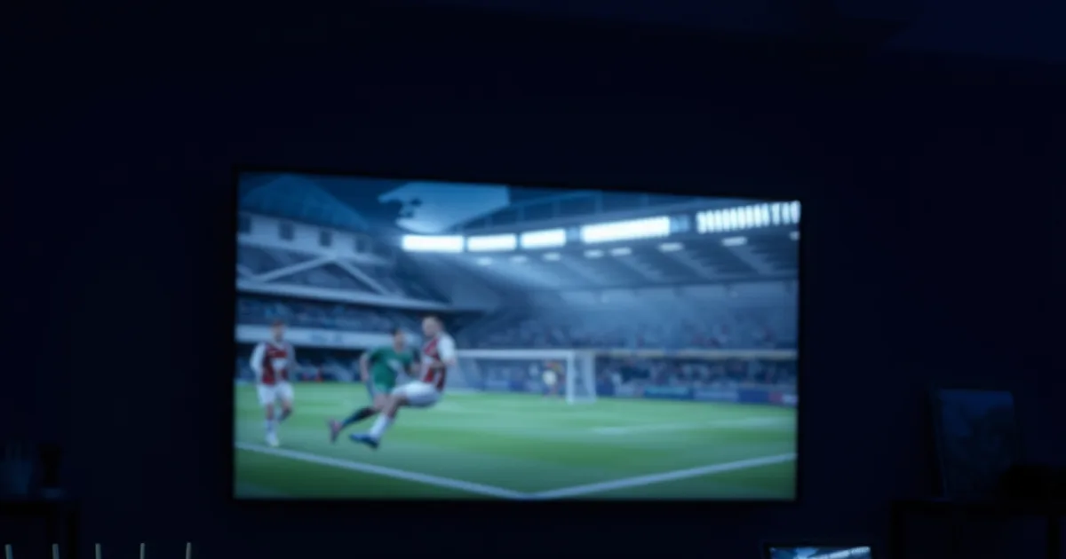 Dark living room at night with a wall-mounted screen showing a blurred football match, a router's lights glowing in the foreground, and a second screen nearby