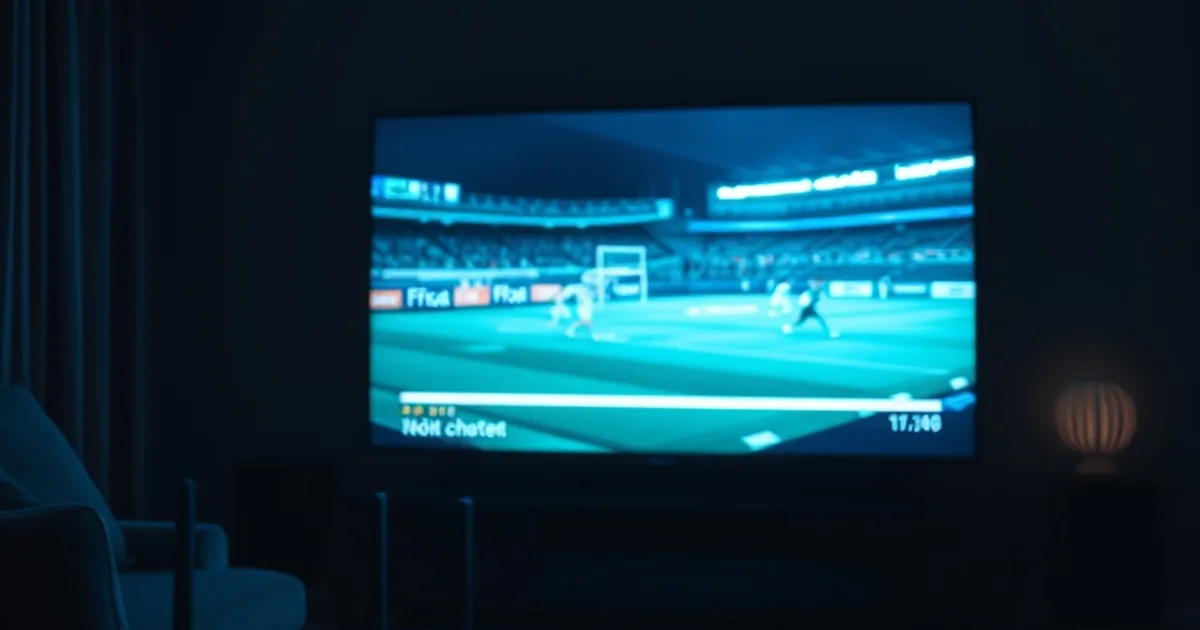 Dark living room at night with a TV showing a live sports stream and a glowing data trail flowing from a router, symbolizing a VPN connection