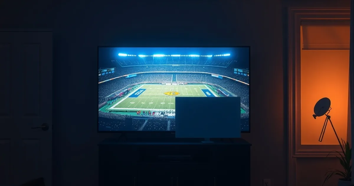 A dark living room lit by a television broadcasting a football game, split between cool blue and warm amber lighting representing two different ways to watch