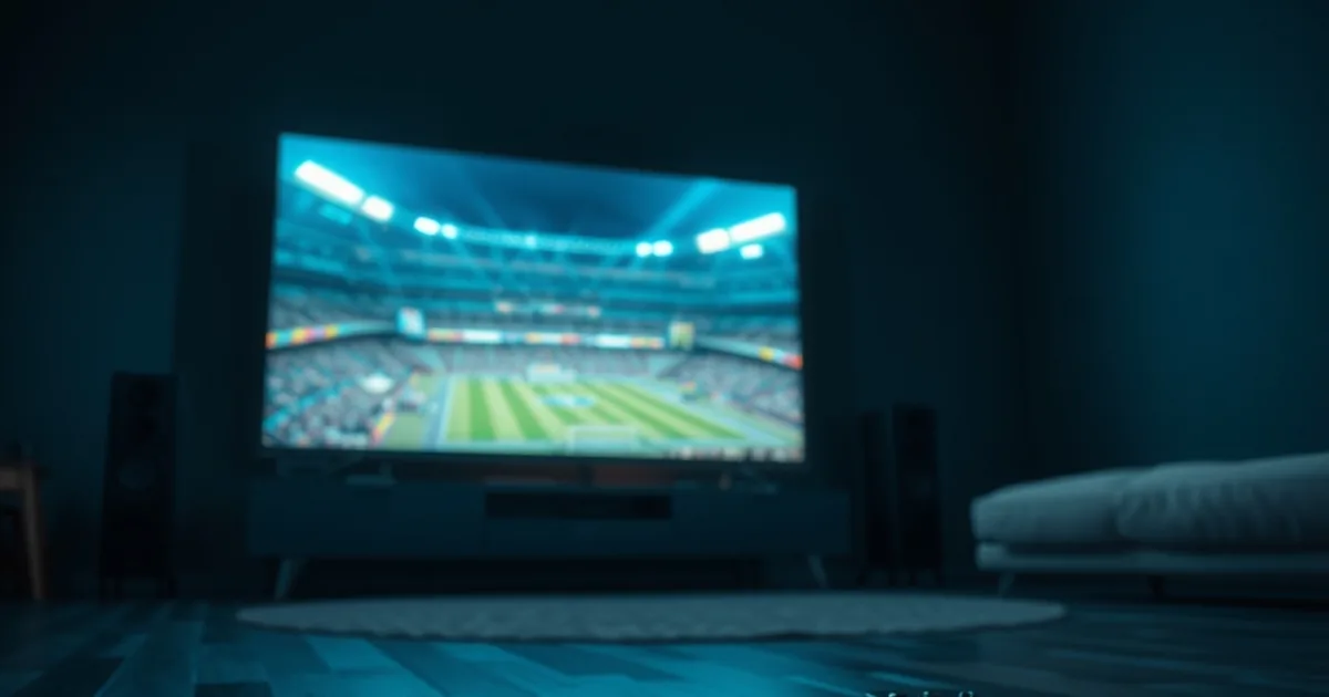 A dark, premium living room lit by a glowing television showing a sports broadcast, with a cut cable cord coiled on the floor in the foreground