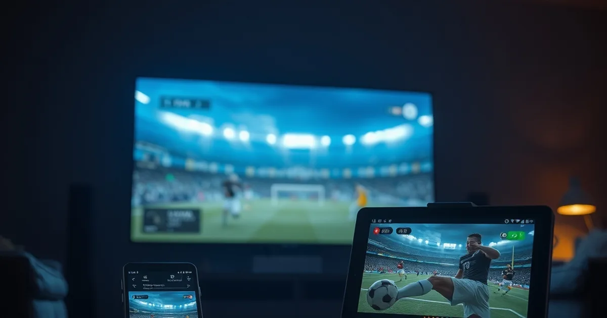 A dark living room at night with a TV, tablet, and phone all streaming a live football match simultaneously, illustrating a multi-device IPTV trial test