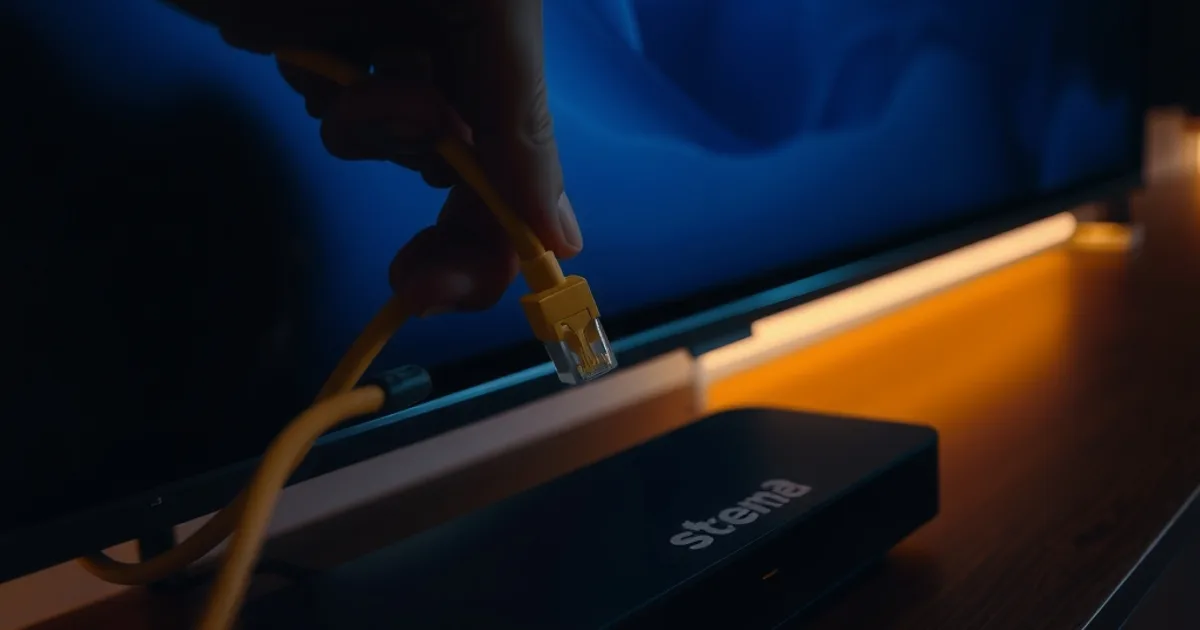 Close-up of a hand plugging an Ethernet cable into a streaming device beneath a dark, glowing television setup