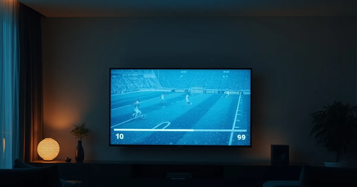 A dark living room lit by a TV screen frozen mid-buffer on a sports broadcast, evoking a throttled IPTV stream