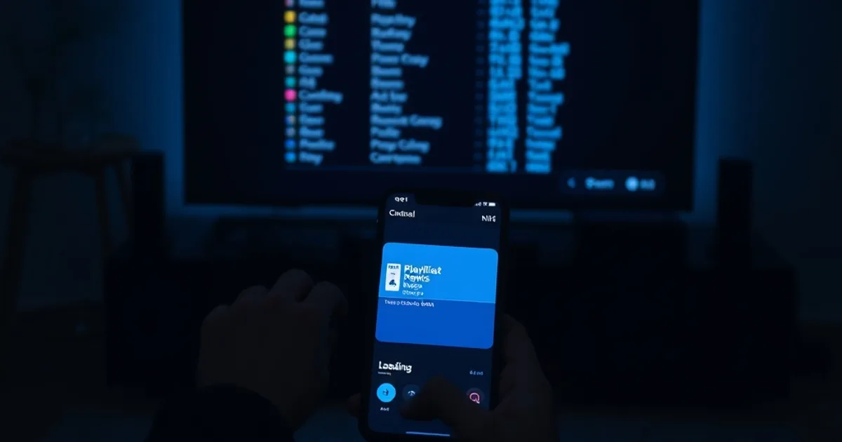 A dark living room at night with a TV showing a glowing blue program guide grid and a hand holding a phone displaying a playlist loading screen