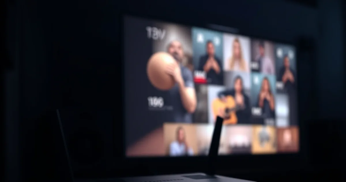 A router with glowing status lights sits on a dark shelf beside neatly routed ethernet cables, with a TV streaming softly in the dim background.