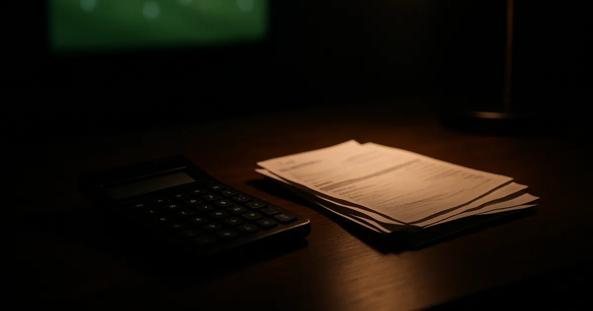 A calculator and household bills on a dark desk at night with a live football match glowing softly on a TV in the background