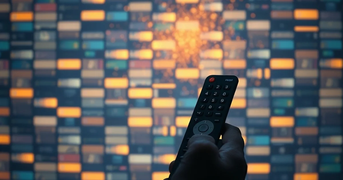 A hand holding a single remote control facing a dissolving wall of glowing stacked app tiles in a dark cinematic scene