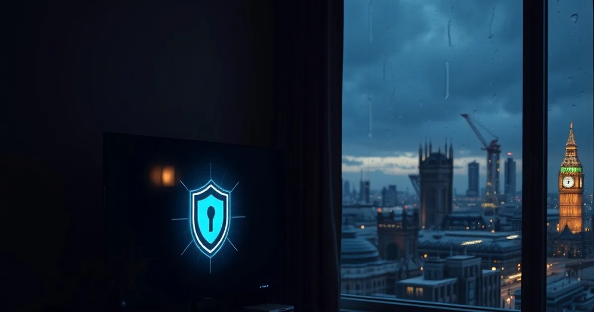 A glowing television screen with a faint shield motif in a dark London living room at night, symbolizing safe, licensed IPTV viewing