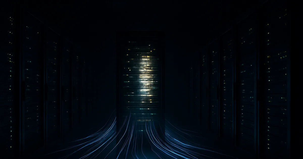 Dark, cinematic server room with glowing racks and streams of light converging on one overloaded server under peak load