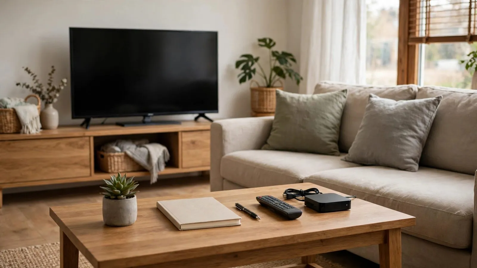 Home interior showing a living room lounge area with a sofa and switched-off television.
